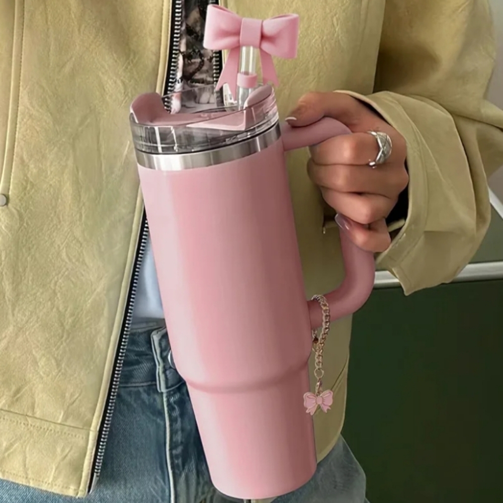 Stanley Pink Bow Straw Cover and Gold And Bow Handle Charm
